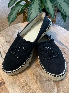 CHANEL Black Canvas Espadrille Slippers with CC Stitching